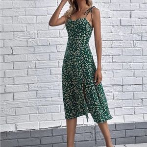 Tie Shoulder Floral Split Hem Midi Dress